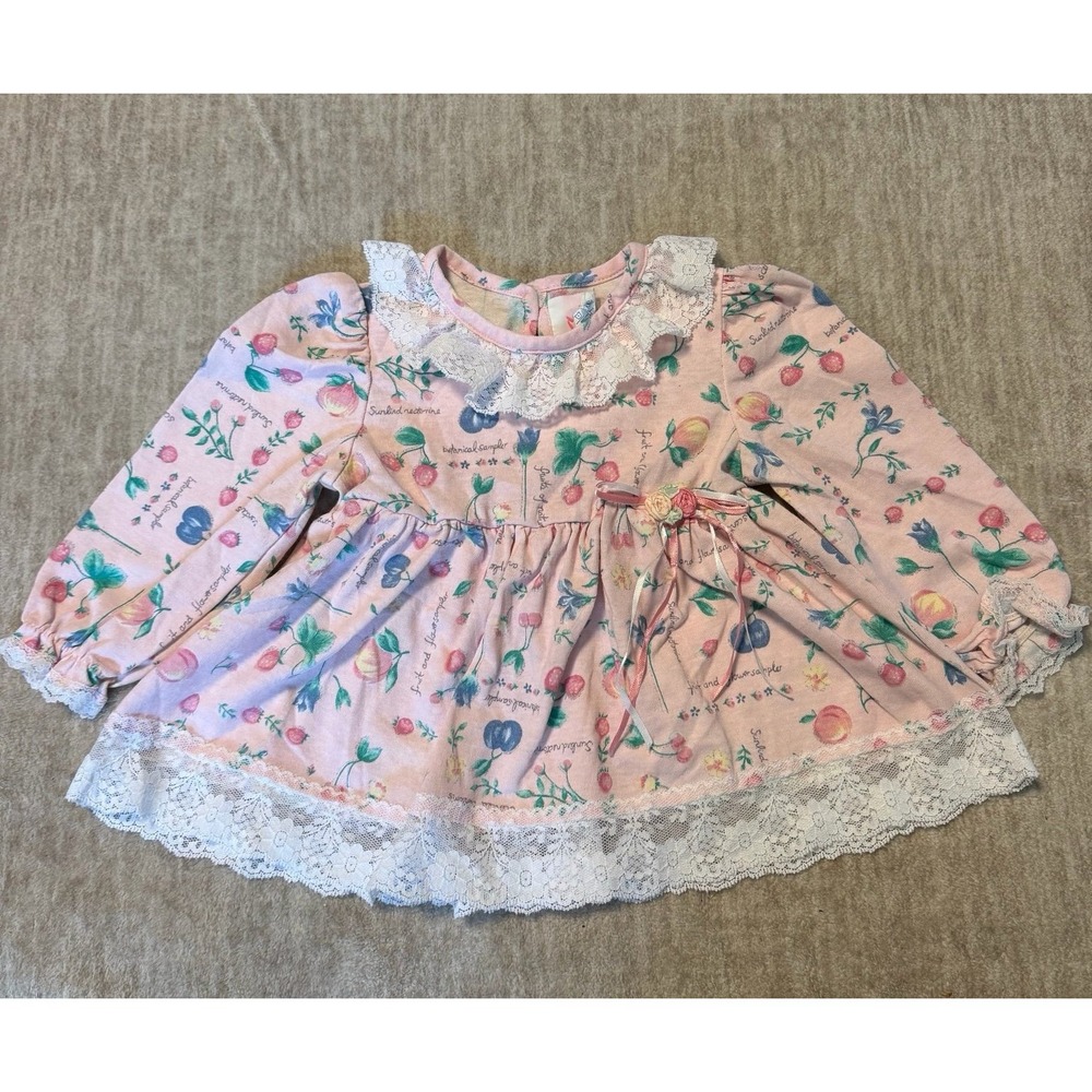 Vintage Evy Pink Fruit Lace Trim Baby Doll Top Girls Dress 18M Cottagecore